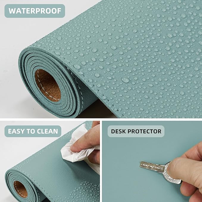 AFIING Dual-Sided Desk Pad, Natural Cork & PU Leather, Desk Mat Protector Non-Slip, Waterproof, Easy Clean,Large Mouse mats for Office and Home Work(Light Blue, 31.5"x17")