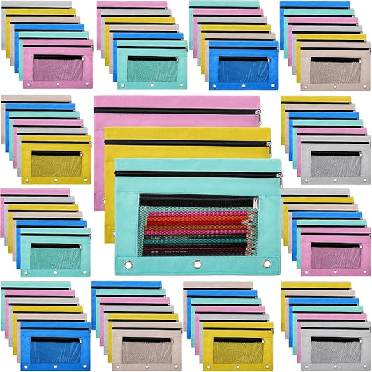 Zhehao 100 Pcs Zipper Binder Pencil Pouches Bulk 3 Ring Binder Pouches Zipper Pouches Case with Window Ring Binder Pencil Bags Case Office School Supplies (Leather Layer,Macaron Color)