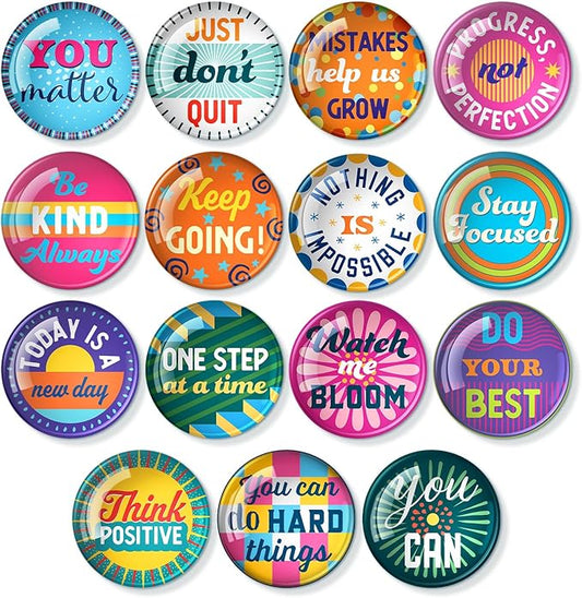 S&O Set of 15 Inspirational Magnets for Fridge - 1.5" Decorative Pins for Refrigerator - Cute Clips for Office - Motivational Buttons - Affirmation Emblems - Locker Charms for Boys & Girls