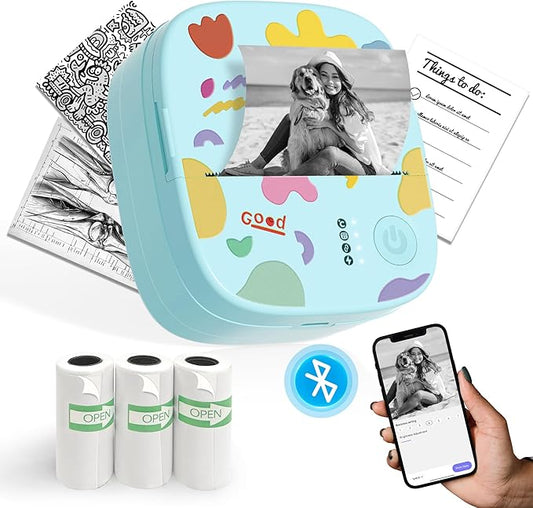 Mini Portable Sticker Printer, Mini Thermal Printer with 3 Rolls Paper, Bluetooth Inkless Printpods, Pocket Label Maker Suitable for Creative DIY, Diaries, Photos, Study Notes - Blue