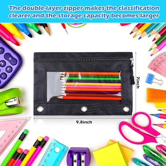 Zhehao 150 Pieces Zipper Binder Pencil Pouches 3 Ring Binder Pouches Zipper Pouches Case with Window Ring Binder Pencil Bags Case or Office School Students Supplies (1 Zipper,Black)