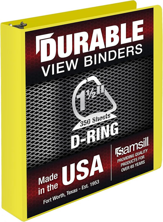Samsill Durable 1.5 Inch Binder, Made in The USA, D Ring Binder, Customizable Clear View Cover, Lemon Yellow, Holds 350 Pages