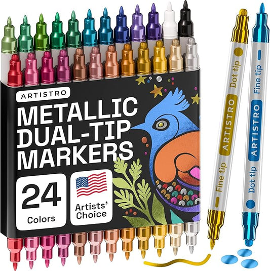 ARTISTRO 24 Metallic Dual-Tip Acrylic Paint Markers for Rock, Canvas, Glass, Wood, & More Fine + Dot Tips