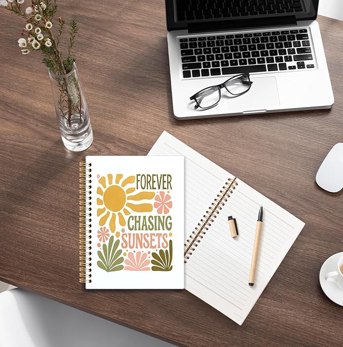 KRHFG Boho Floral Summer Spiral Notebook, Inspirational Gifts for Women Journal, Forever Chasing Sunsets Summer Motivational Therapy Notebooks, Boho Office Supplies, 5.5x8.3 Inch