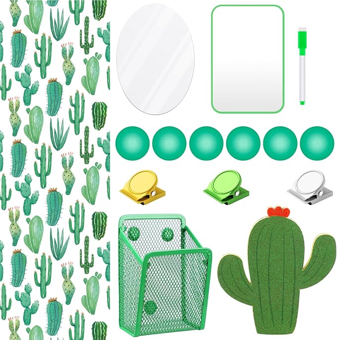 Harloon 15 Pcs Locker Decoration and Organizer Kit Locker Wallpaper Magnetic Pen Holder and Mirror Whiteboard Marker Cork Board with 3 Push Pins 3 Magnetic Clip 6 Magnets(Cactus)