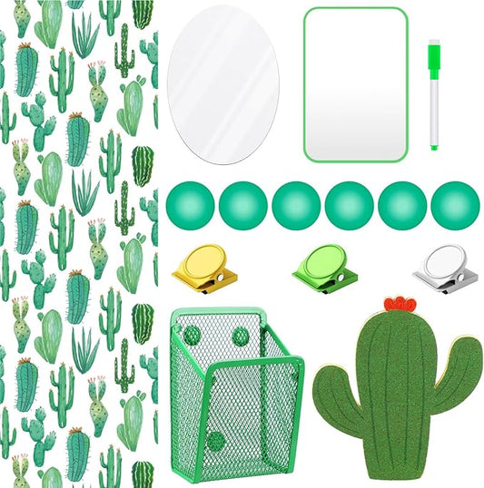Harloon 15 Pcs Locker Decoration and Organizer Kit Locker Wallpaper Magnetic Pen Holder and Mirror Whiteboard Marker Cork Board with 3 Push Pins 3 Magnetic Clip 6 Magnets(Cactus)