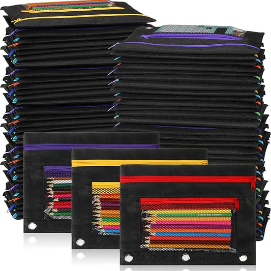 Zhehao 150 Pieces Zipper Binder Pencil Pouches 3 Ring Binder Zipper Pouches Case with Window Ring Pencil Bags Case or Office School Students Supplies(2 Zipper,Black)