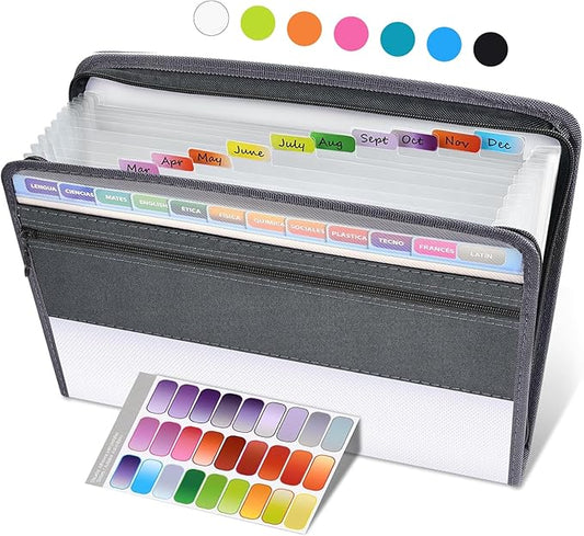 Sooez Accordion File Organizer with Safe Zipper, 12 Pocket Expanding File Folder with Front Pencil Pouch, Portable Monthly Paper Bill Tax Receipt Organizer, School Office Supplies, Letter Size, White
