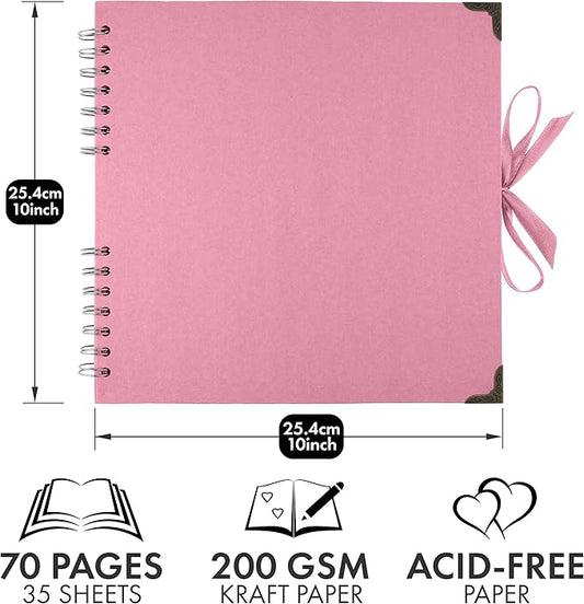 Bstorify 10 x 10 Inches Scrapbook Album 70 Pages Pink Thick Kraft Paper Corner Protectors, Ribbon Closure - Ideal for Your Scrapbooking, Art & Craft Projects (Pink, 10 x 10 Inch)