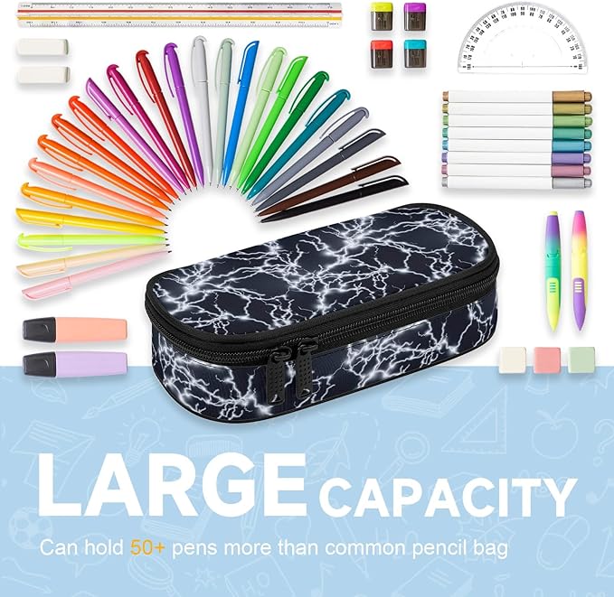 Lightning Large Pencil Case Big Capacity Black Pencil Pouch for Boys Girls Teen Women Men Adult, Portable Kids Pencil Bag with Zipper, Stationery Storage Pen Bag for School Supplies Office Organizer