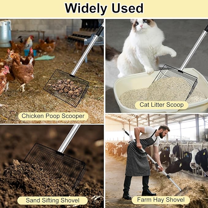 Chicken Poop Scooper, 10inch Large Chicken Coop Scooper for Sand with 32 to 67" Adjustable Stainless Steel Handle, Chicken Coop Scoop Metal Sifting Shovel for Chicken Coops & Small Farm Animals