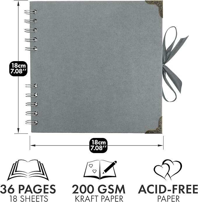 Bstorify Square Scrapbook Photo Albums 7 x 7 Inch Grey Hardcover with Ribbon Closure - Ideal for Scrapbooking, Art & Craft Projects