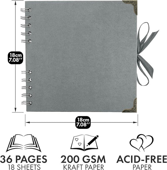 Bstorify Square Scrapbook Photo Albums 7 x 7 Inch Grey Hardcover with Ribbon Closure - Ideal for Scrapbooking, Art & Craft Projects
