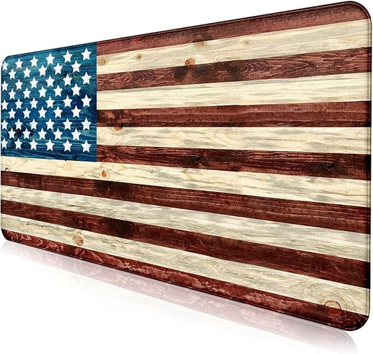 Personalized American Flag Wood Grain Computer Keyboard Desk Pad, Cute Female Office and Study Full Desk Extended Mouse Pad 35.4 x 15.7 Inches