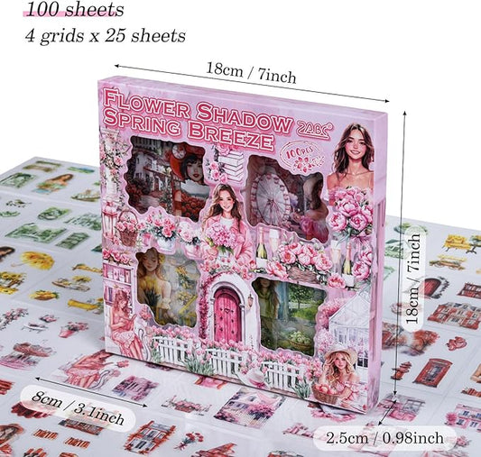 Retro Decorative Stickers 100 Sheets, Waterproof PET Girls Flowers Stickers for Scrapbooking Diary Planner DIY Craft Album Journal Notebook Laptop Phone Case Collection Gift Box