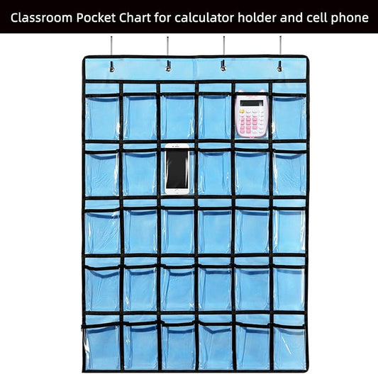 KEEPJOY Classroom Pocket Chart for Cellphone Calculator Holder, 30 Clear Pocket Charts for Classroom 33.5 x 24.5 inch Hanging cell phone Organizer Storage (Blue-30 pockets)
