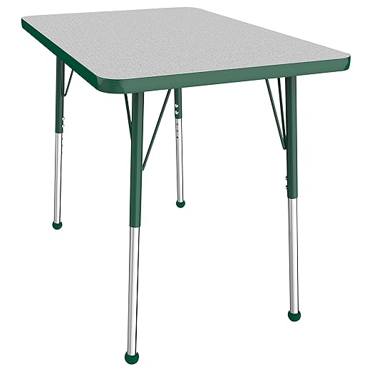 Factory Direct Partners FDP Rectangle Activity School and Office Table (24 x 36 inch), Standard Legs with Ball Glides, Adjustable Height 19-30 inches - Gray Top and Green Edge