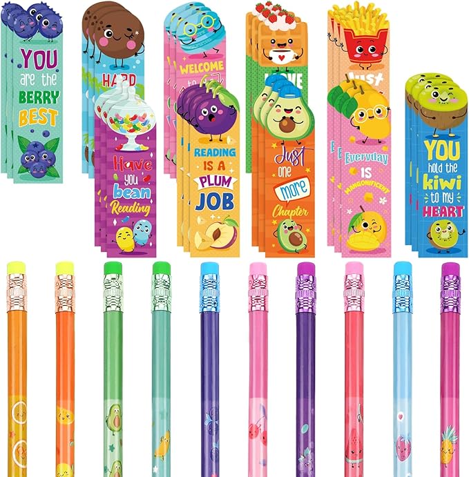 Teling 60 Pcs Inspirational Scented Pencils and Scented Bookmarks Sets Funny Smelly Pencils with Eraser Theme Bookmarks Cute Stationery Bulk for Reading Rewards Party Favors(Cute)