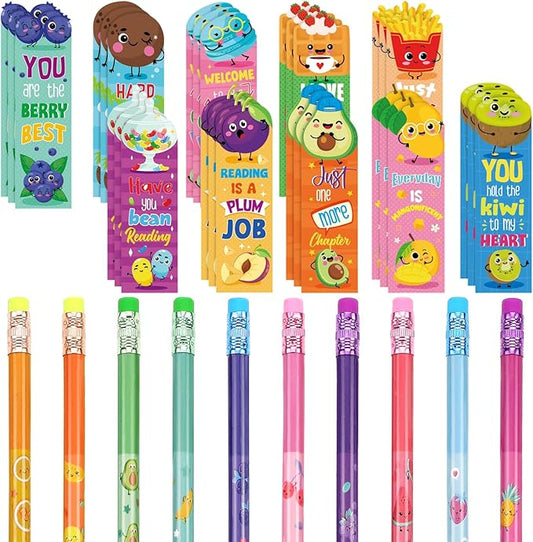 Teling 60 Pcs Inspirational Scented Pencils and Scented Bookmarks Sets Funny Smelly Pencils with Eraser Theme Bookmarks Cute Stationery Bulk for Reading Rewards Party Favors(Cute)