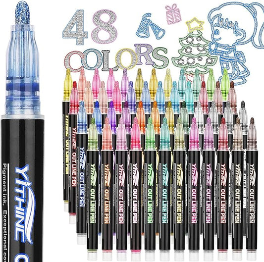 Outline Shimmer Markers, 48 Glitter Metallic Gel Pens for Tween Teen Girl Gifts Trendy Stuff, Halloween, Birthday Party, Cool Fun Art Crafts Supplies, Stocking Stuffers for Kids Girls Ages 8 10 12 14