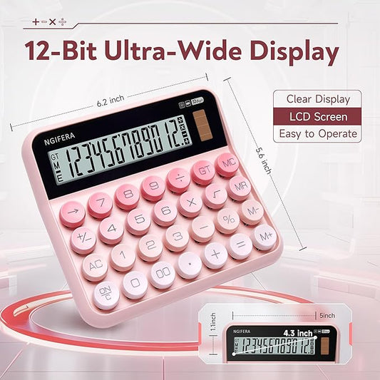 Mechanical Calculator,12 Digits, Large LCD Display,Big Buttons,Solar and Battery Dual Power Mechanical Keyboard Desktop Pink Calculators,Cute and Aesthetic (Pink, Large)