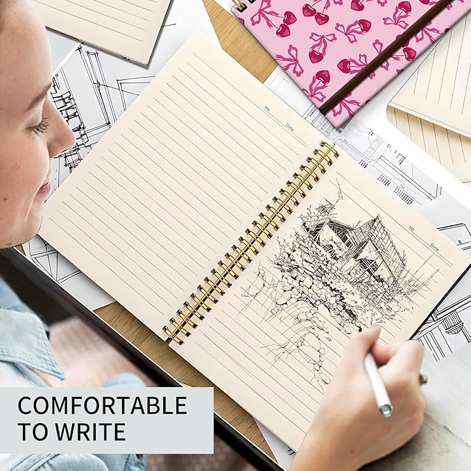 Bansutay Spiral Journal Notebook, A5 Cute Notebooks for Women Men, College Ruled Hardcover Notebook for Work & Note Taking, 60 Pages Double-Wire Journals for Writing (Cute Pink Cherry Bow)