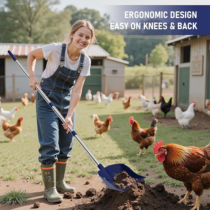 Chicken Poop Scooper & Rake 2-in-1 Chicken Coop Scoop 3-Shape Sifting Holes Chicken Coop Rake 39 to 68" Adjustable Stainless Steel Handle Litter Shovel for Chicken Coops & Small Farm Animals