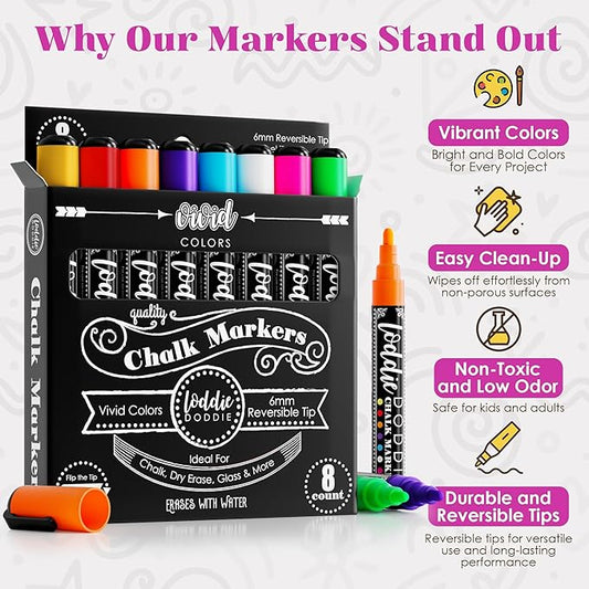 Loddie Doddie Liquid Chalk Markers - 8-Pack, 6mm Reversible Chisel & Bullet Tips - Erasable Neon Pens for Blackboard or Chalkboard - Chalk Markers for Blackboard