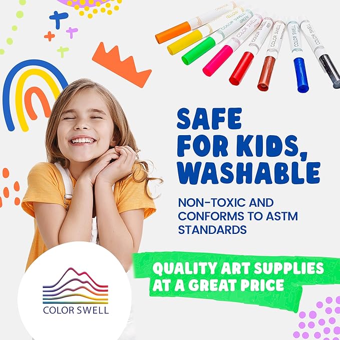 Color Swell Super Tip Markers 6 Boxes of 8 Washable Vibrant Colors (48 Total) Perfect Bulk Marker Pack for Kids, Parties, Classrooms