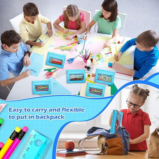 Zhehao 100 Pieces Zipper Binder Pencil Pouches Bulk 3 Ring Binder Pouches Zipper Pouches Case with Window Ring Binder Pencil Bags Case Office School Supplies (Blue,Double Layer with Mesh Layer)