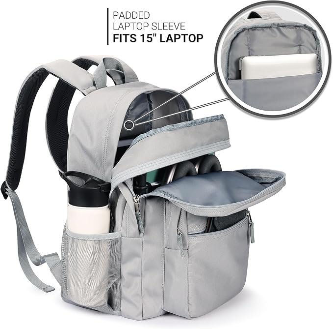 ZORFIN 26L Backpack for School, College, and Travel: Water Resistant Bookbag with 8 Compartments - Grey
