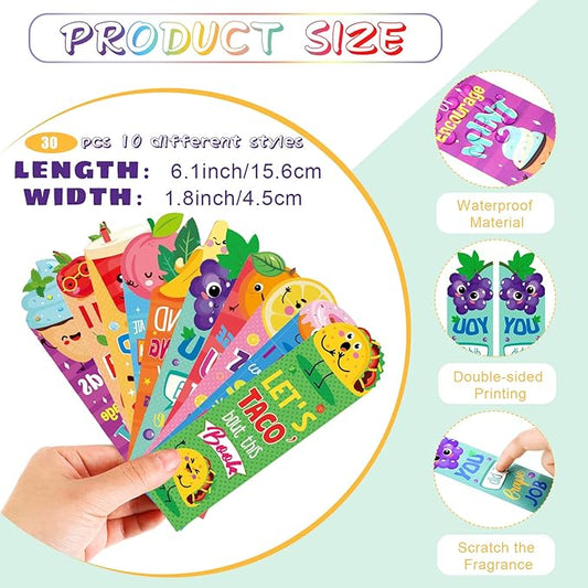 Teling 80 Pcs Scented Bookmarks and Smelly Pencils with Cute Toppers Set Fun Pencils Fruit Food Theme Scratch and Sniff Bookmarks Cartoon Pen Toppers for Kids Students Supplies(Cute Style)