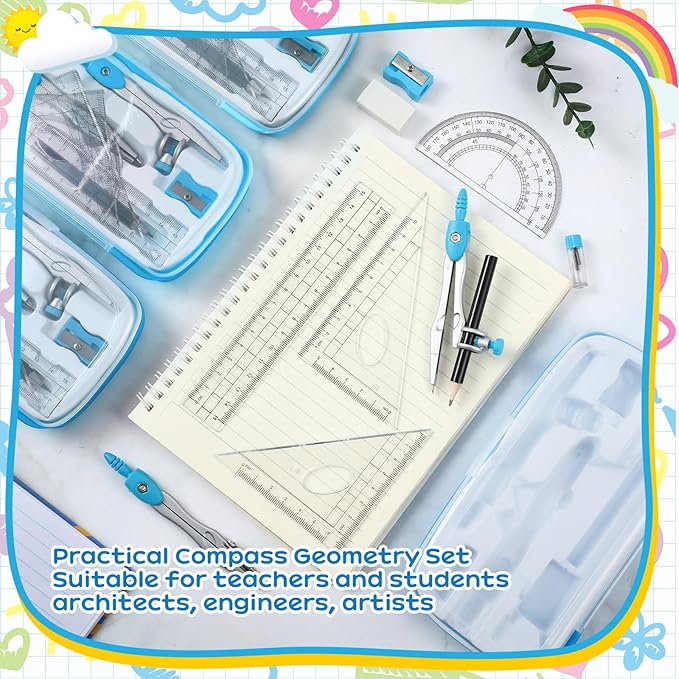 Teling 24 Sets Math Geometry Kit for Students 10 Pcs Compass Geometry Tools Set Includes Rulers Protractor Compass Eraser Pencil Sharpener Lead Refills Pencil