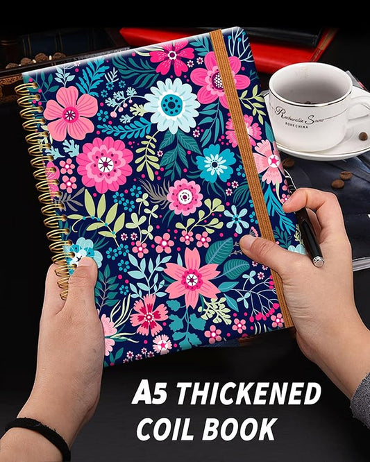 Ruled Spiral Writing Notebook,A5 Hardcover Lined College Journal for Women Lady Girl,Strong Twin-Wire Binding with Premium Paper,8.4" X 6",Perfect for School,Office,Home Gifts(colorful flower)