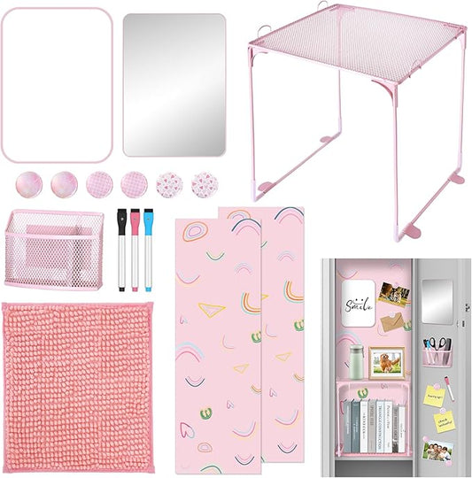 16 Pcs Pink Locker Accessories for Girls, Locker Organizer & Decorations with Shelf, Rug, Magnetic Wallpaper, Mirror, Whiteboard, Pen Holder, Markers, Magnets for Back to School Office Gym