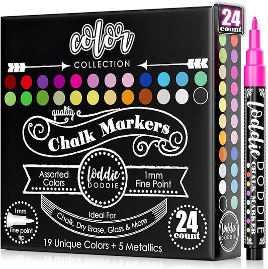 Loddie Doddie Liquid Chalk Markers - Pack of 24 Dust Free, 1mm Fine Tip, Erasable Ink for Blackboard, Windows and Glass - Chalkboard Markers