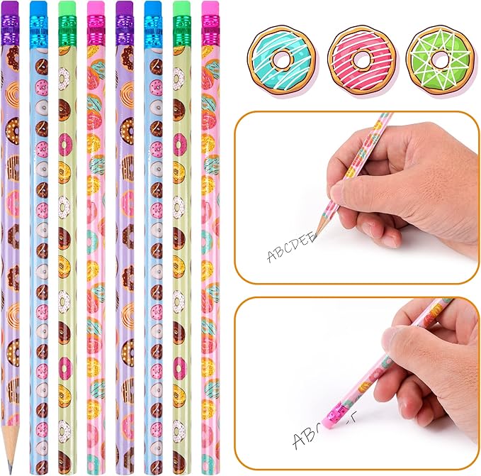 200 Pieces Donut Themed Pencils Cylinder Wood Pencils with Various Donut Element 4 Style Assorted Kids Pencils Girls Birthday Present Party Supplies Student Carnival Prize School Office Supply (200)