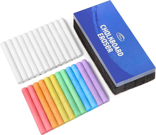 Dustless Chalkboard Chalk - Set of 12 Colored & 12 White Chalk Sticks - Sketching, Drawing, Writing Supplies for Classroom, Home Schooling, Cafe Menu, Sidewalk Art