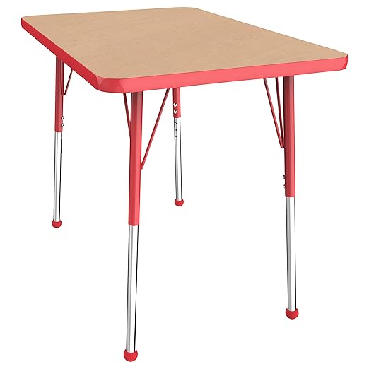 FDP Rectangle Activity School and Office Table (24 x 36 inch), Standard Legs with Ball Glides, Adjustable Height 19-30 inches - Maple Top and Red Edge