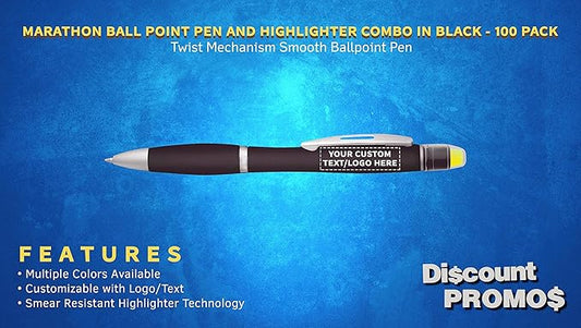 DISCOUNT PROMOS 100 Marathon Gel Highlighter Pens Pack - Customizable Text, Logo - Twist Mechanism, Ballpoint - Black