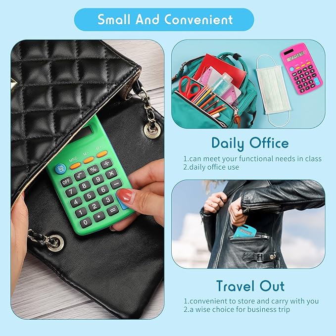 Weewooday 6 Pieces Pocket Size Basic Calculators Bulk 8 Digit Mini Solar Battery Dual Power Calculator for Desktop Home Office School Students Kids, Standard Function 6 Colors