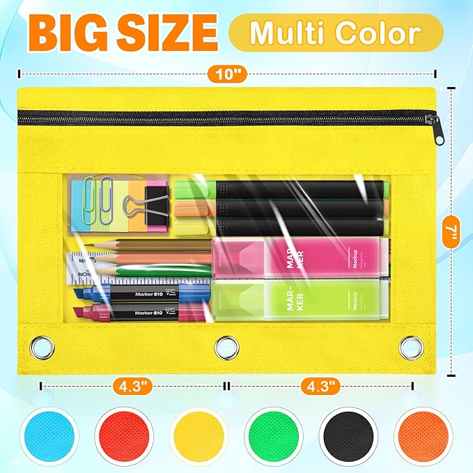 Pencil Pouch for 3 Ring Binder, 100 Packs Zipper Pencil Pouch Bulk in 10 Colors, Pencil Case for Binder with Clear Window for School, Home and Office