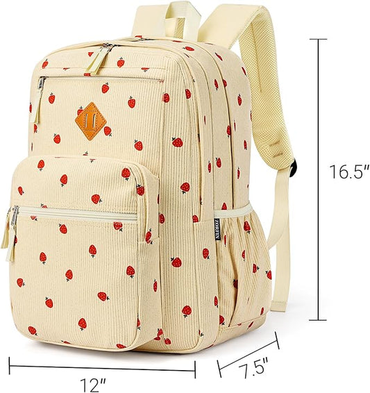 ZORFIN 26L Backpack for School, College, and Travel: Corduroy Bookbag with 8 Compartments - Strawberry