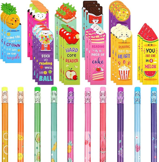 Teling 60 Pcs Inspirational Scented Pencils and Scented Bookmarks Sets Funny Smelly Pencils with Eraser Theme Bookmarks Cute Stationery Bulk for Reading Rewards Party Favors(Vivid)