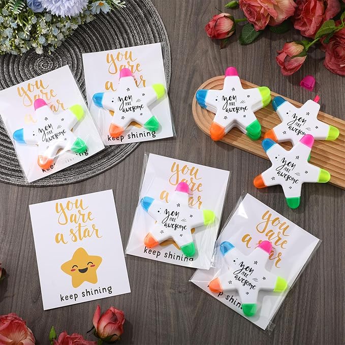 24 Sets Back to School Gifts for Students Star Highlighters with You're a Star Cards Gift Bags 5 in 1 Fluorescent Pens Affirmation Gifts for First Day of School Party Favor (Awesome)