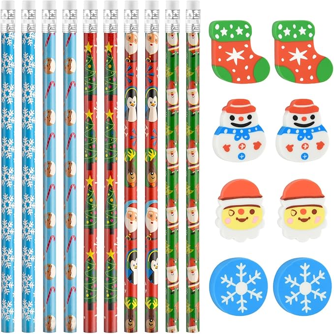 24 Pieces 3D Christmas Erasers and 24 Pieces Carton Christmas Pencils for Winter Holiday Day Cute Pencils for Christmas Goodie Bags Fillers Gifts School Classroom Rewards Supplies (Chritsmas Day)
