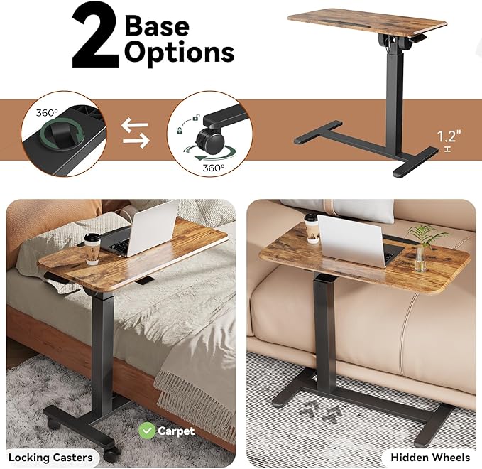 Mobile Standing Desk, Height Adjustable Left/Right Overbed Bedside Table, 90° Tiltable Portable Laptop Desk with Wheels, Foldable Computer Cart for Hospital Home Use, Rustic Brown