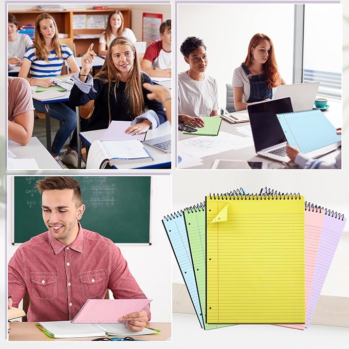 10 Packs 8.5" x 11" Top Spiral Notebook with 3 Hole Punched Legal Pads College Ruled Notepad 50 Sheets Hard Cardboard Paper Wirebound Notepad for Office School Business (Multicolor)