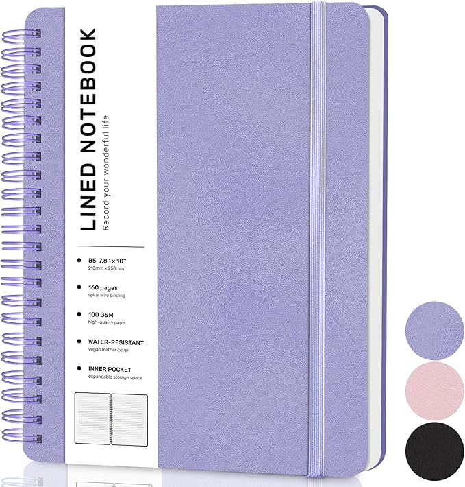 Lined Spiral Journal Notebook, B5 Spiral Notebook, 7.8''×10'' Journaling Notebooks for Work, School, Women, College Ruled Spiral Notebook, Hardcover Leather Notebook for Note Taking Business, Purple