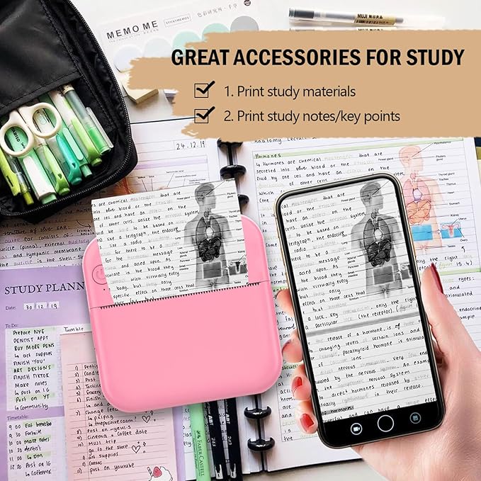 Inkless Mini Thermal Pocket Printer, Wireless Mini Sticker Printer with 10 Rolls Thermal Paper for iOS&Android, Portable Mini Photo Printer for Notes Journal Memo Photo Study, Pink